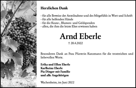 Traueranzeige von Arnd Eberle von vrm-trauer Wormser Zeitung