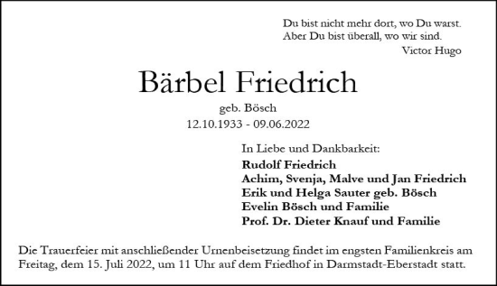 Traueranzeige von Bärbel Friedrich von vrm-trauer Darmstädter Echo