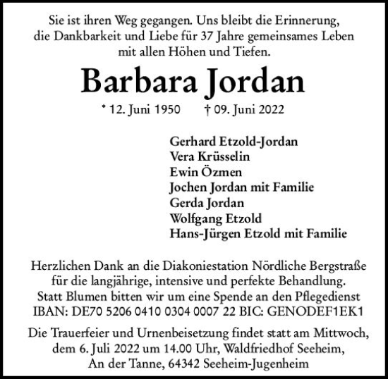 Traueranzeige von Barbara Jordan von vrm-trauer Darmstädter Echo