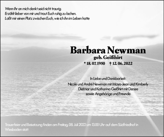 Traueranzeige von Barbara Newman von vrm-trauer Wiesbadener Kurier