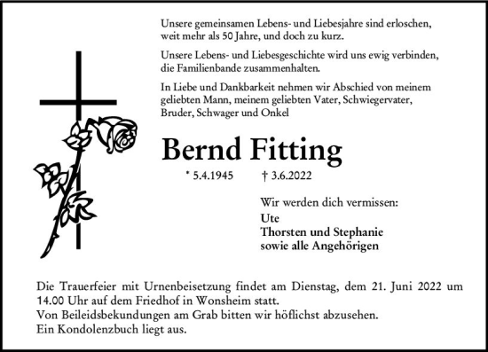 Traueranzeige von Bernd Fitting von vrm-trauer Allgemeine Zeitung Alzey