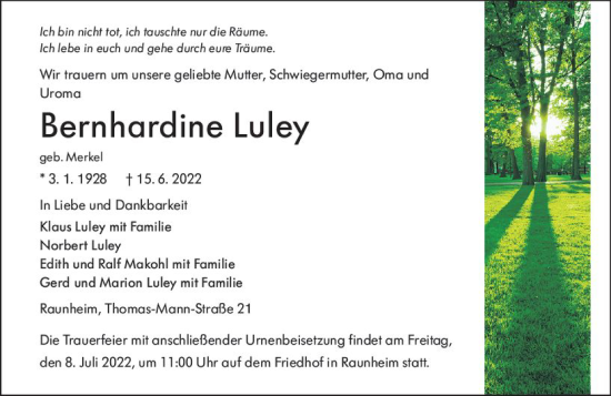 Traueranzeige von Bernhardine Luley von vrm-trauer Rüsselsheimer Echo / MainSpitze