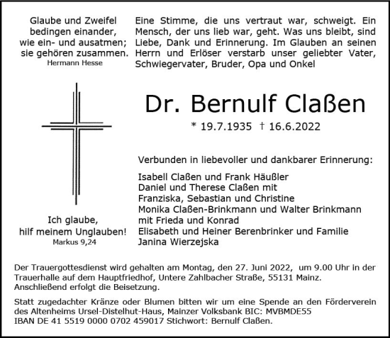 Traueranzeige von Bernulf Claßen von vrm-trauer AZ Mainz