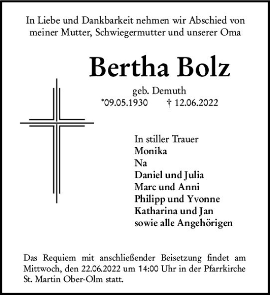 Traueranzeige von Bertha Bolz von vrm-trauer AZ Mainz