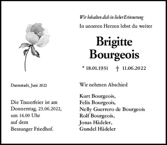 Traueranzeige von Brigitte Bourgeois von vrm-trauer Darmstädter Echo