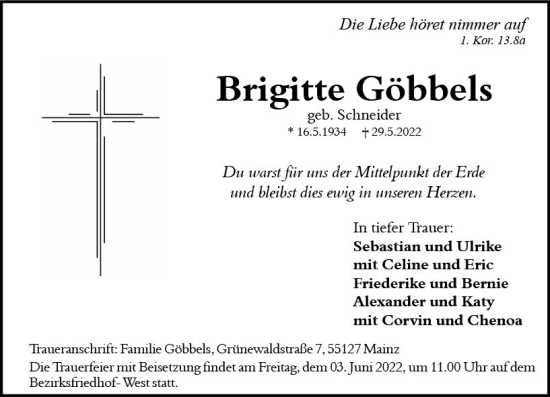Traueranzeige von Brigitte Göbbels von vrm-trauer AZ Mainz
