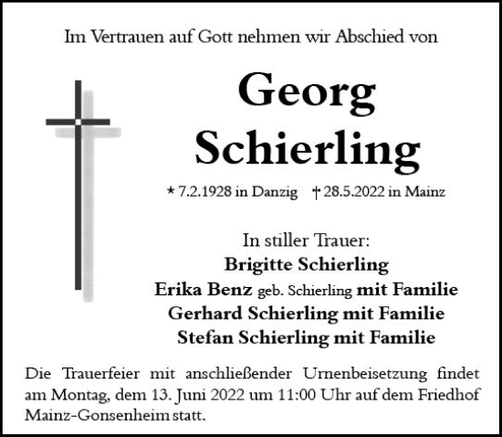 Traueranzeige von Georg Schierling von vrm-trauer AZ Mainz