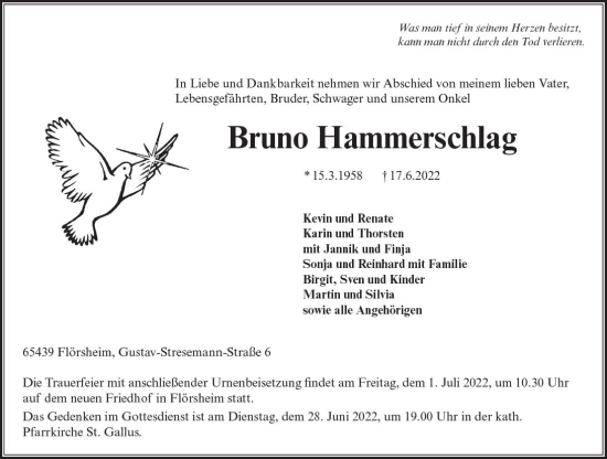 Traueranzeige von Bruno Hammerschlag von vrm-trauer Rüsselsheimer Echo / MainSpitze