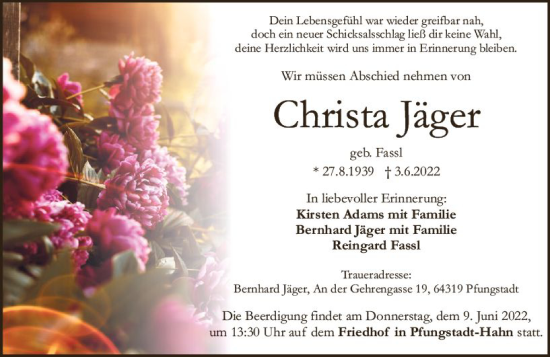 Traueranzeige von Christa Jäger von vrm-trauer Darmstädter Echo