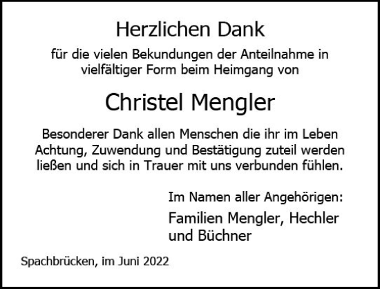 Traueranzeige von Christel Mengler von vrm-trauer Darmstädter Echo