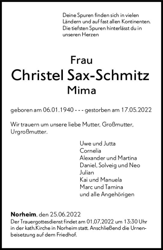 Traueranzeige von Christel Sax-Schmitz von vrm-trauer Allg. Zeitung Bad Kreuznach
