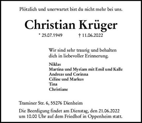 Traueranzeige von Christian Krüger von vrm-trauer AZ Mainz