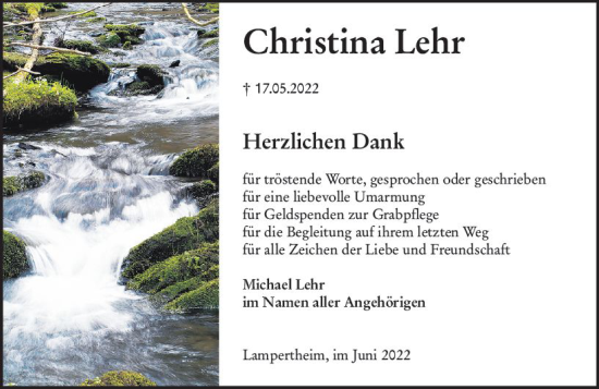 Traueranzeige von Christina Lehr von vrm-trauer Bürstädter/Lamperth. Ztg/Starkenburger