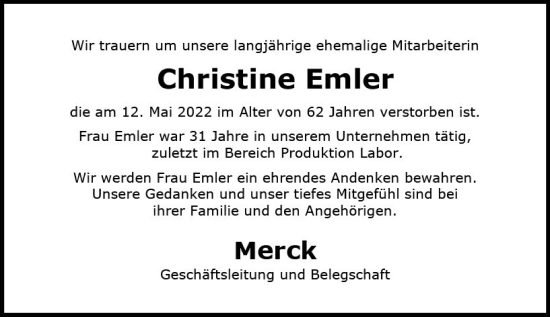 Traueranzeige von Christine Emler von vrm-trauer Darmstädter Echo