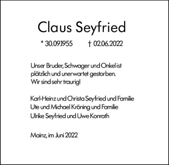 Traueranzeige von Claus Seyfried von vrm-trauer AZ Mainz