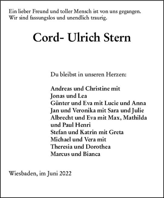 Traueranzeige von Cord-Ulrich Stern von vrm-trauer Wiesbadener Kurier