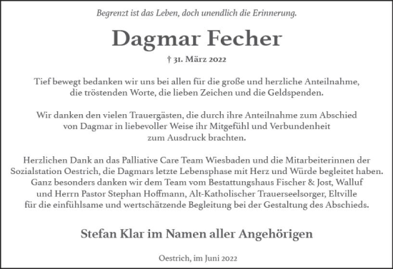 Traueranzeige von Dagmar Fecher von vrm-trauer Wiesbadener Kurier