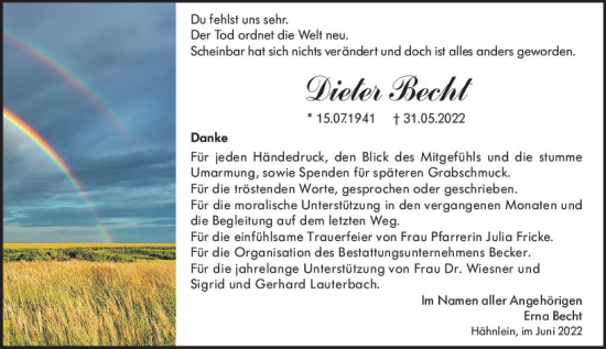 Traueranzeige von Dieter Becht von vrm-trauer Darmstädter Echo