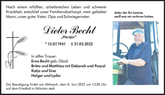 Traueranzeige von Dieter Becht von vrm-trauer Darmstädter Echo