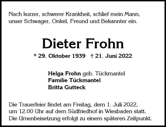 Traueranzeige von Dieter Frohn von vrm-trauer Wiesbadener Kurier