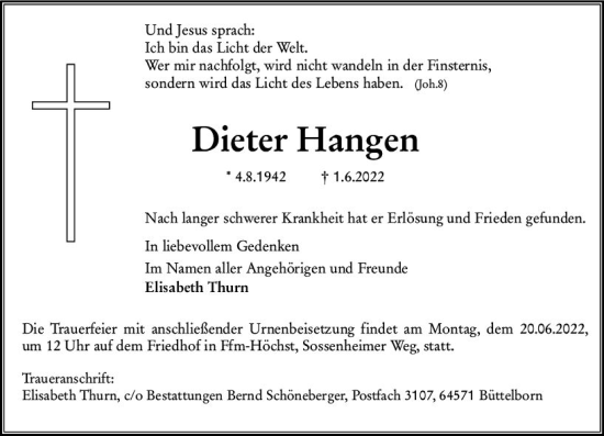 Traueranzeige von Dieter Hangen von vrm-trauer Rüsselsheimer Echo / MainSpitze