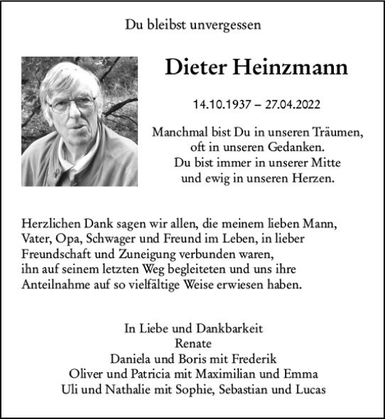 Traueranzeige von Dieter Heinzmann von vrm-trauer Bürstädter/Lamperth. Ztg/Starkenburger
