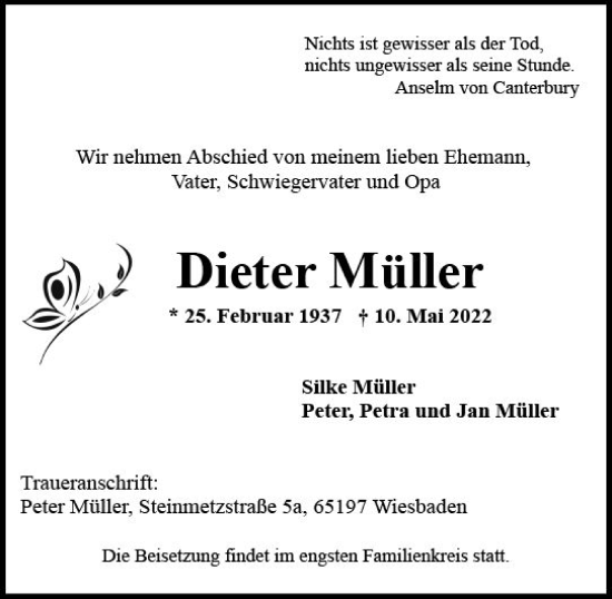 Traueranzeige von Dieter Müller von vrm-trauer Wiesbadener Kurier