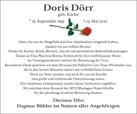 Traueranzeige von Doris Dörr von vrm-trauer Wiesbadener Kurier