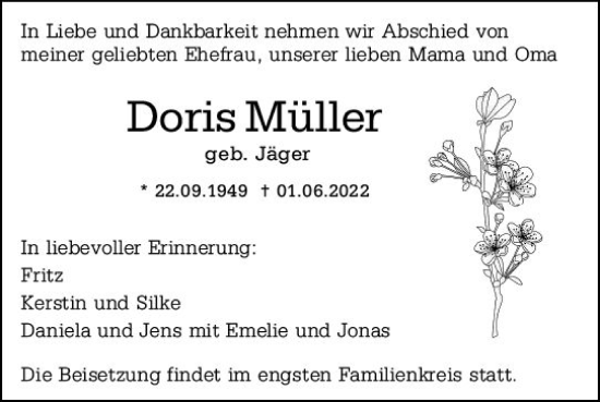 Traueranzeige von Doris Müller von vrm-trauer Darmstädter Echo