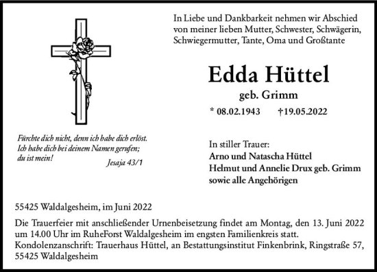 Traueranzeige von Edda Hüttel von vrm-trauer Allgemeine  Zeitung Ingelheim-Bingen