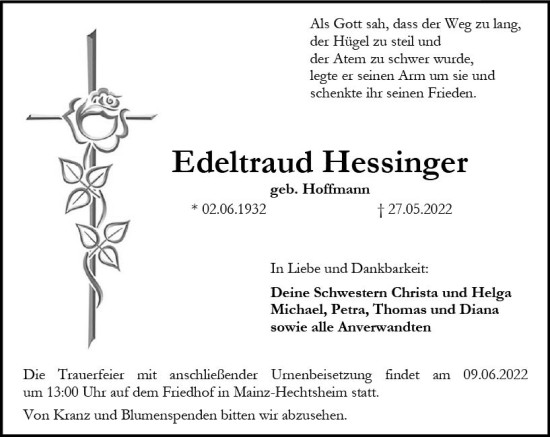 Traueranzeige von Edeltraud Hessinger von vrm-trauer AZ Mainz