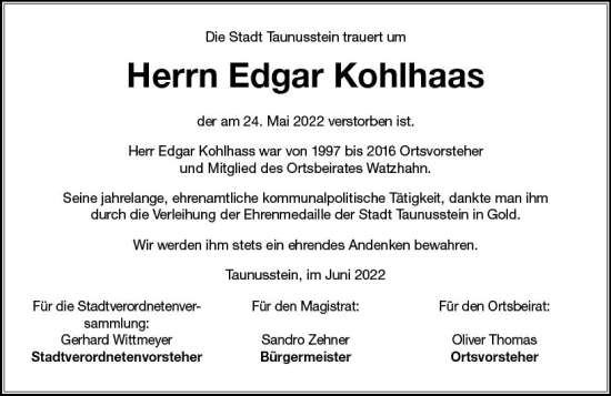 Traueranzeige von Edgar Kohlhaas von vrm-trauer WK-UTA