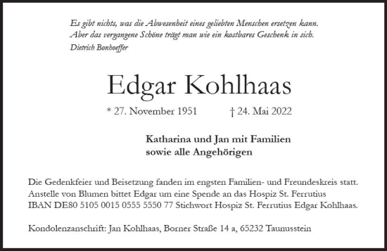 Traueranzeige von Edgar Kohlhaas von vrm-trauer WK-UTA