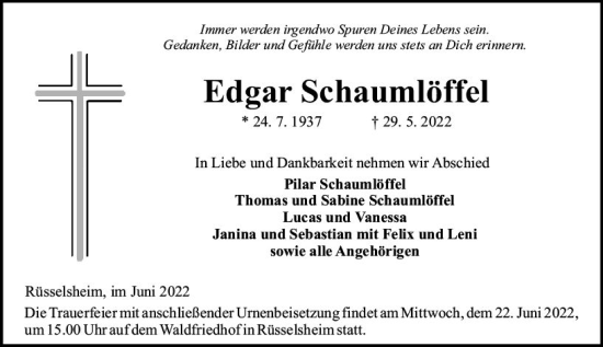 Traueranzeige von Edgar Schaumlöffel von vrm-trauer Rüsselsheimer Echo / MainSpitze