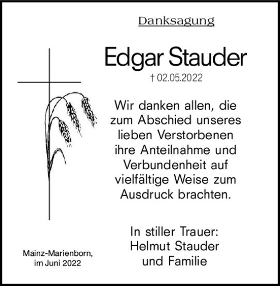 Traueranzeige von Edgar Stauder von vrm-trauer AZ Mainz