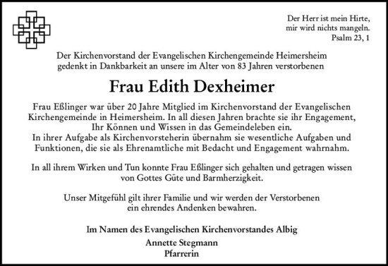 Traueranzeige von Edith Dexheimer von vrm-trauer Allgemeine Zeitung Alzey