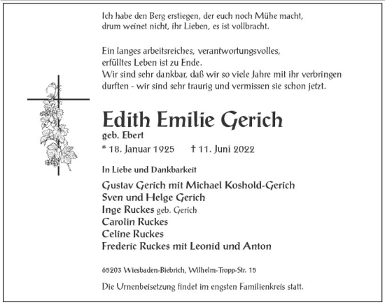 Traueranzeige von Edith Emilie Gerich von vrm-trauer Wiesbadener Kurier