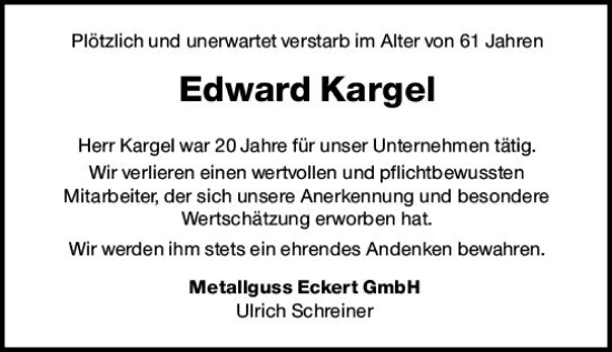 Traueranzeige von Edward Kargel von vrm-trauer Darmstädter Echo