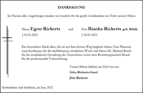 Traueranzeige von Egon Rickerts von vrm-trauer Allgemeine Zeitung Alzey