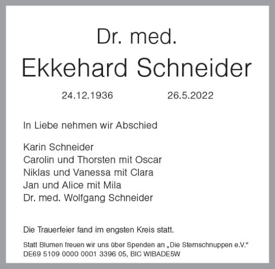 Traueranzeige von Ekkehard Schneider von vrm-trauer Wiesbadener Kurier