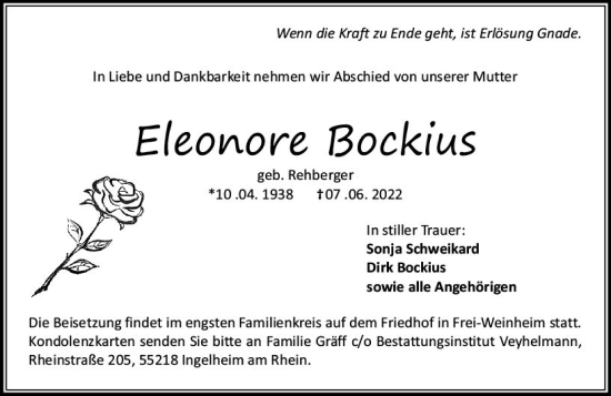 Traueranzeige von Eleonore Bockius von vrm-trauer Allgemeine  Zeitung Ingelheim-Bingen