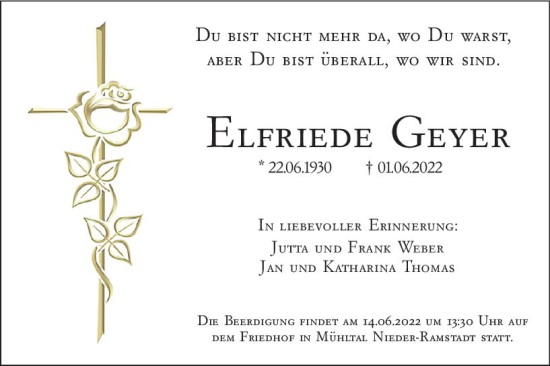 Traueranzeige von Elfriede Geyer von vrm-trauer Darmstädter Echo