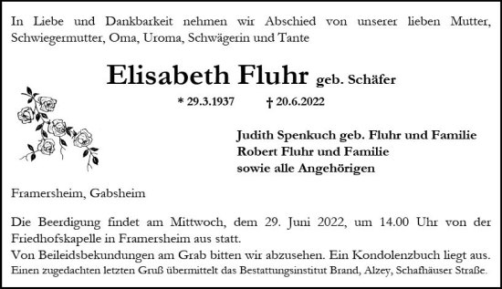 Traueranzeige von Elisabeth Fluhr von vrm-trauer Allgemeine Zeitung Alzey