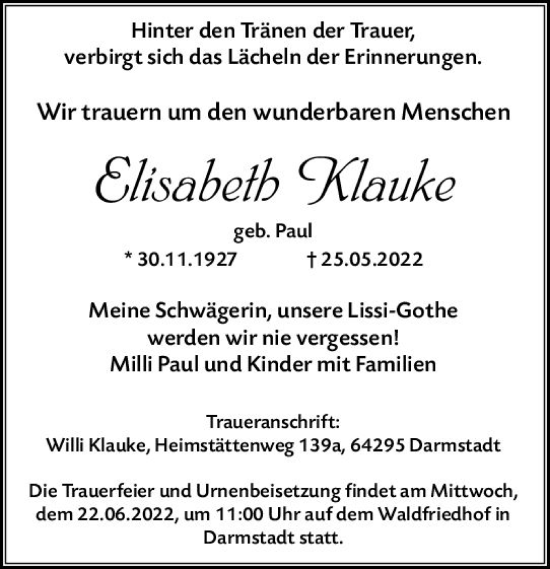 Traueranzeige von Elisabeth Klauke von vrm-trauer Idsteiner Zeitung