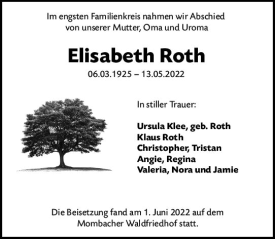 Traueranzeige von Elisabeth Roth von vrm-trauer AZ Mainz