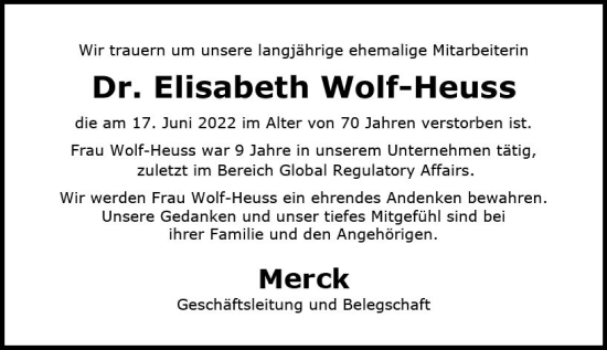 Traueranzeige von Elisabeth Wolf-Heuss von vrm-trauer Darmstädter Echo