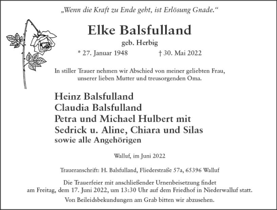 Traueranzeige von Elke Balsfulland von vrm-trauer Wiesbadener Kurier