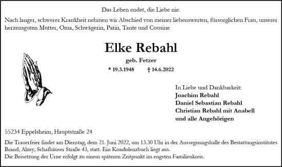 Traueranzeige von Elke Rebahl von vrm-trauer Allgemeine Zeitung Alzey