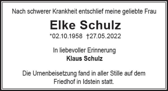 Traueranzeige von Elke Schulz von vrm-trauer Wiesbadener Kurier