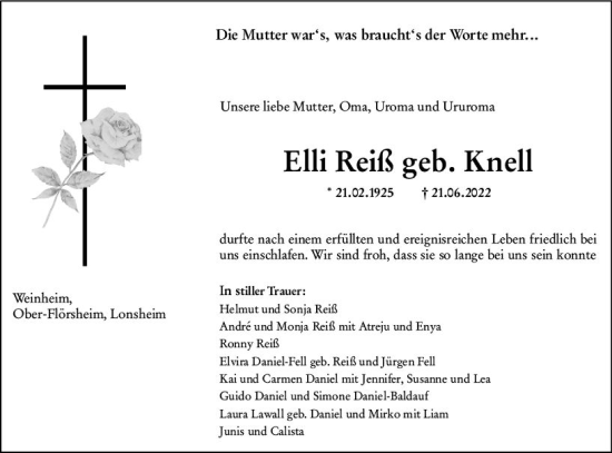 Traueranzeige von Elli Reiß von vrm-trauer Allgemeine Zeitung Alzey